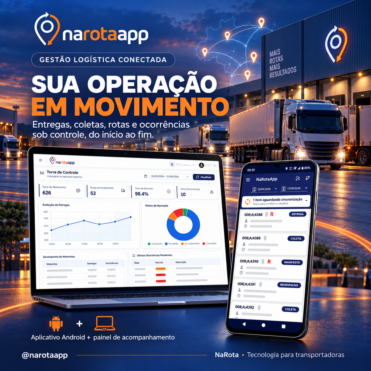 Material ilustrativo NaRotaApp: aplicativo Android e painel de acompanhamento conectando a operação logística